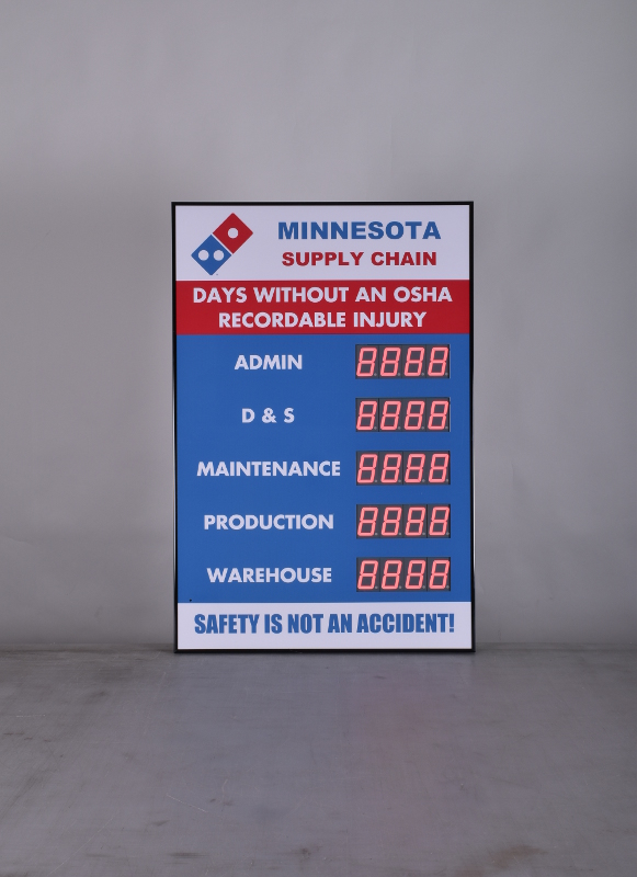 Dominos accident free sign with 5 numeric displays
